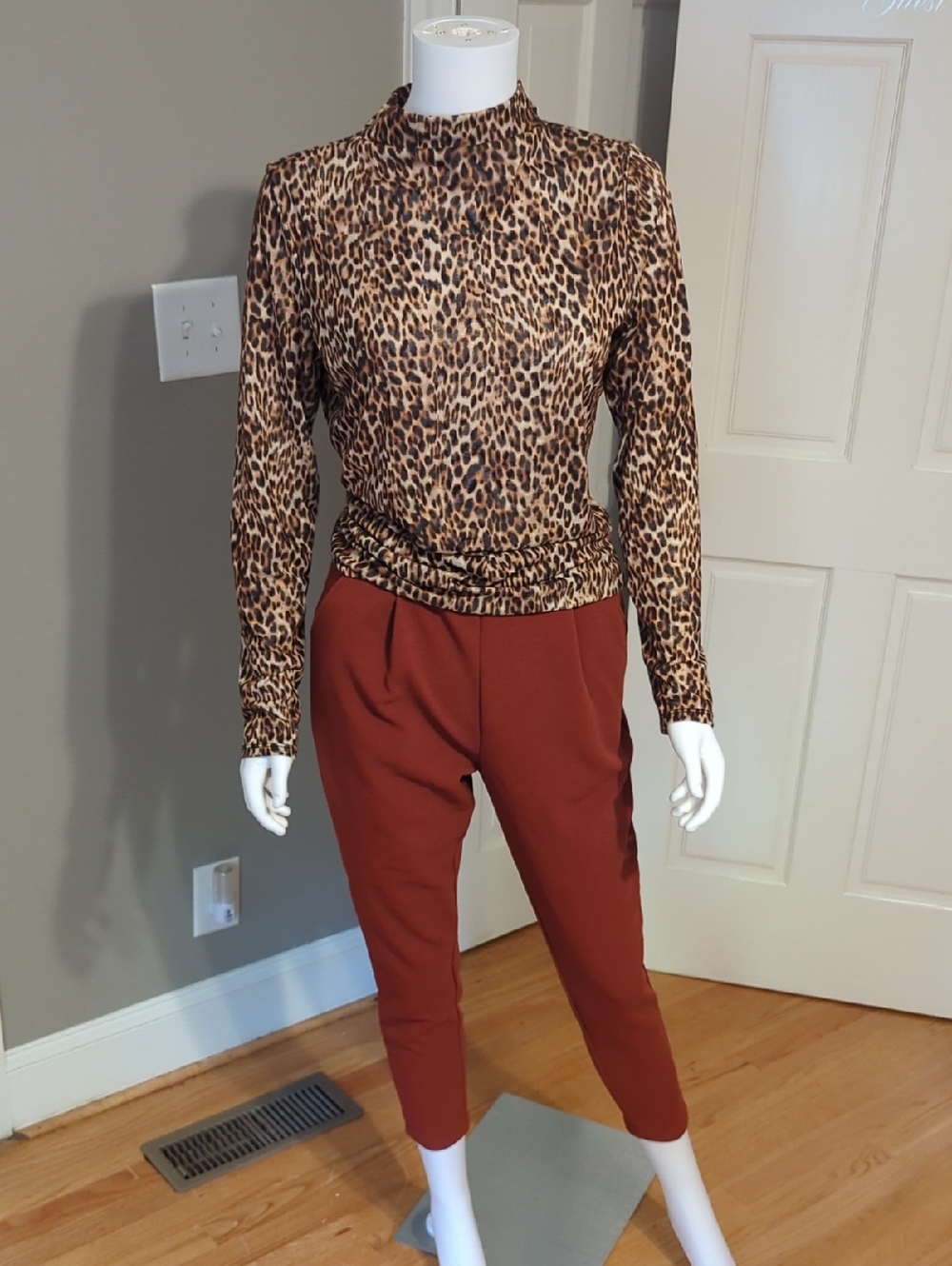 Leopard Print High-Neck Top with Rust Cropped Pants